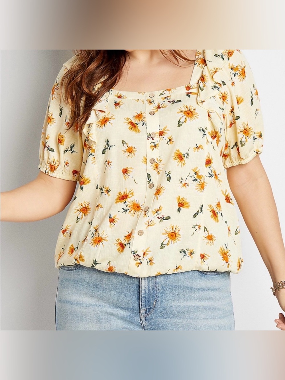 Maurices Cream Floral Button-Front Puff Sleeve Top